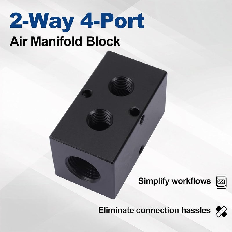 MARSTEK Air Manifold, Air Compressor Manifold, Aluminum Air Hose Inline Manifold Block Splitter, Pneumatic Manifold Air Distribution Block, NPT 1/2 Inch Supply Port, NPT 1/4 Inch Output Port (2 Way 4 Port) - Image 2